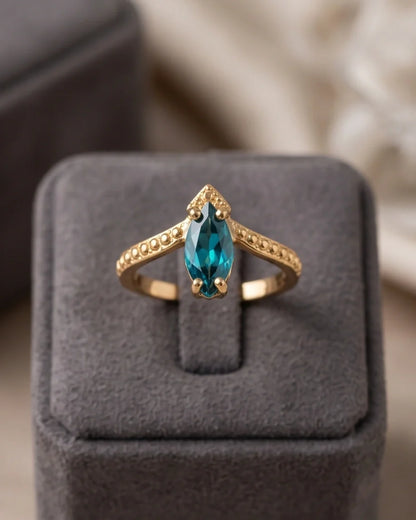 Vintage Gold Marquise London Blue Topaz Chevron Ring