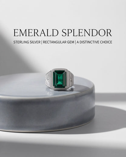 Emerald Green Emerald-Cut Gemstone Stippled Halo Silver Ring