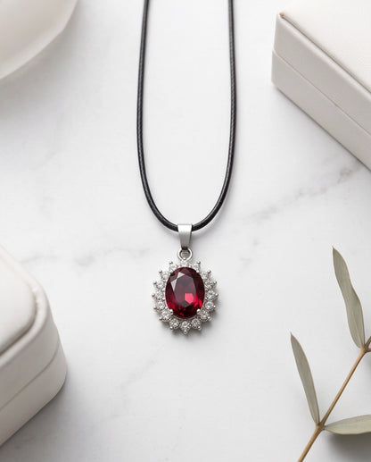 Silver Ruby Red Oval Halo Medallion Pendant Necklace