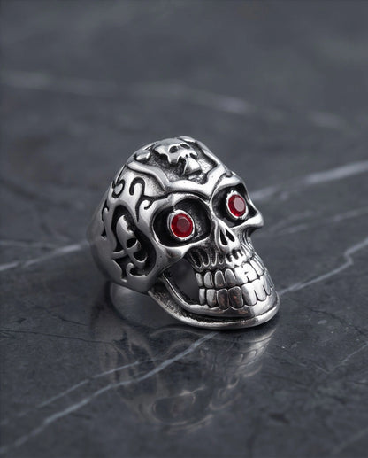 Ruby-Eyed Crested Filigree Skull Ring