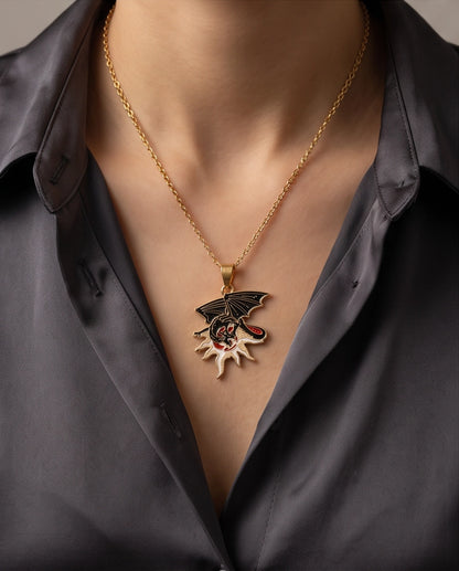 Gold Celestial Sun Dragon Enamel Pendant Necklace
