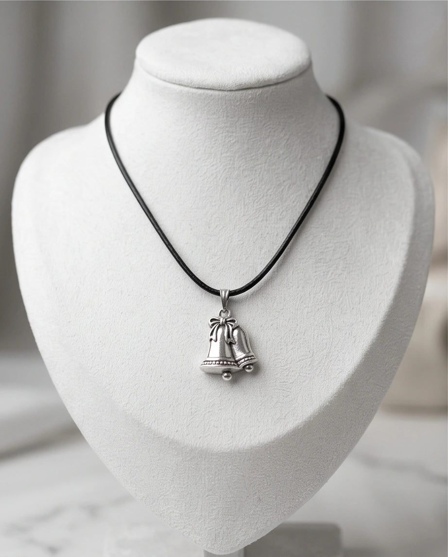 Silver Double Bells Ribbon Pendant Necklace