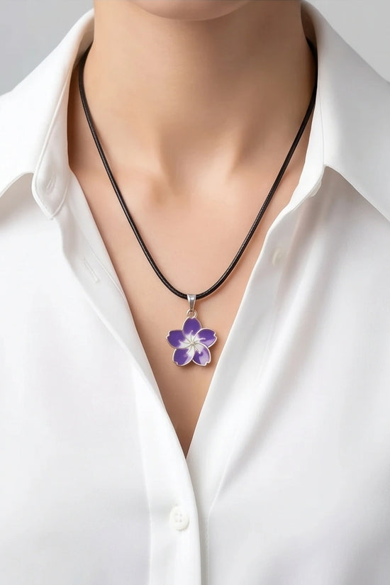 Elegant Purple and White Floral Enamel Pendant Necklace