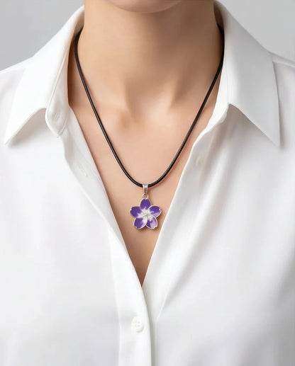 Elegant Purple and White Floral Enamel Pendant Necklace