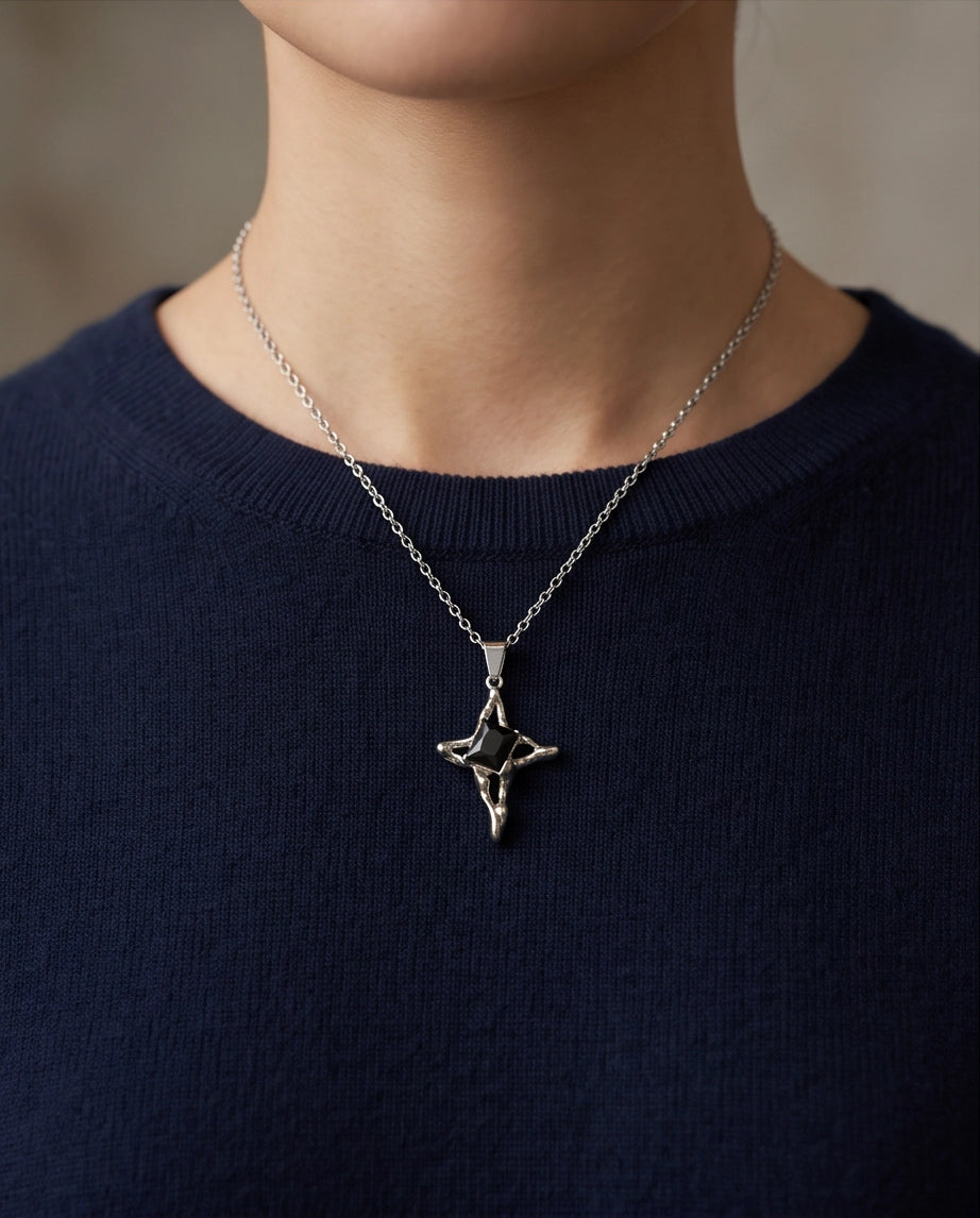 Silver Black Gemstone Gothic Cross Pendant Necklace
