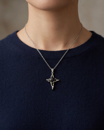 Silver Black Gemstone Gothic Cross Pendant Necklace