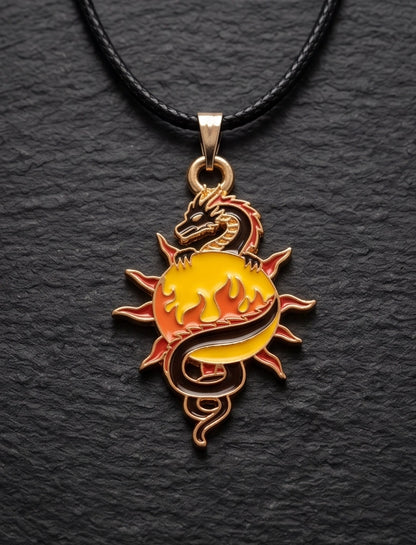 Fire Dragon & Sun Emblem Cord Necklace