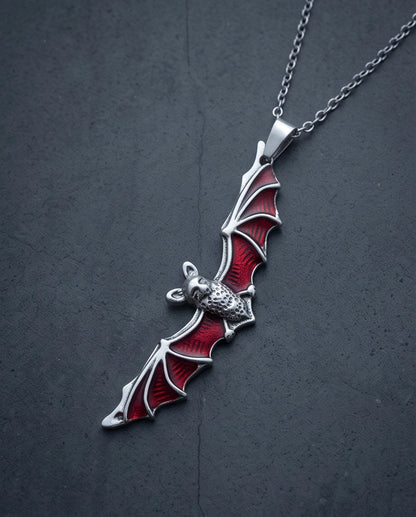 Silver Red Enamel Vampire Bat Pendant Necklace