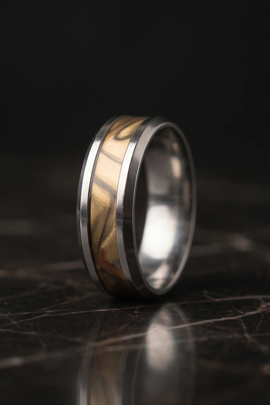 Natural Olive Wood Inlay Silver Band Ring