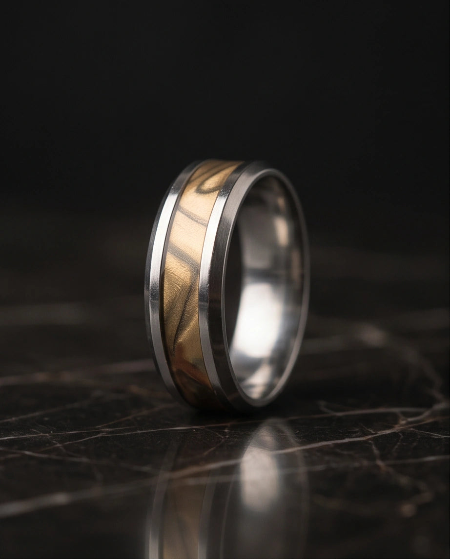 Natural Olive Wood Inlay Silver Band Ring