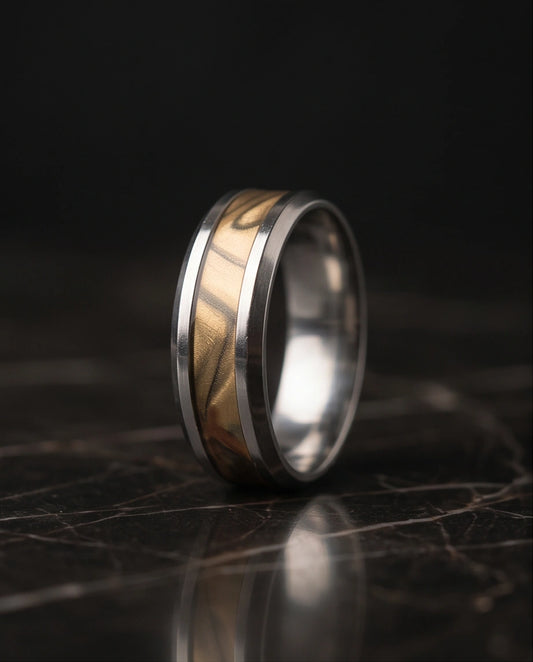 Natural Olive Wood Inlay Silver Band Ring