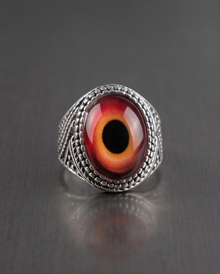 Crimson Evil Eye Beaded Silver Ring