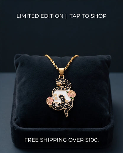 Gold Snake, Skull & Rose Enamel Pendant Necklace