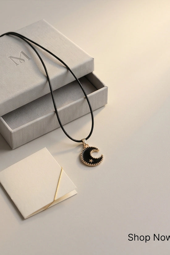 Gold Beaded Crescent Moon and Star Necklace