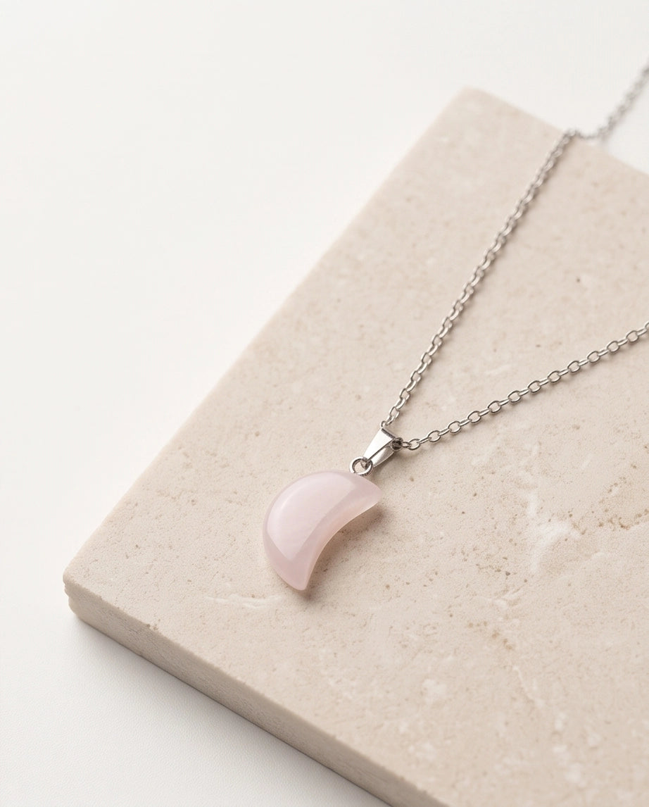 Silver Rose Quartz Pink Crescent Moon Pendant Necklace