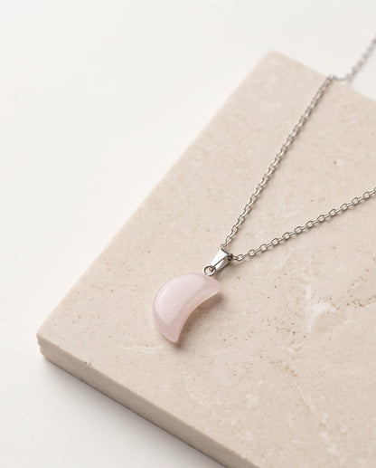 Silver Rose Quartz Pink Crescent Moon Pendant Necklace