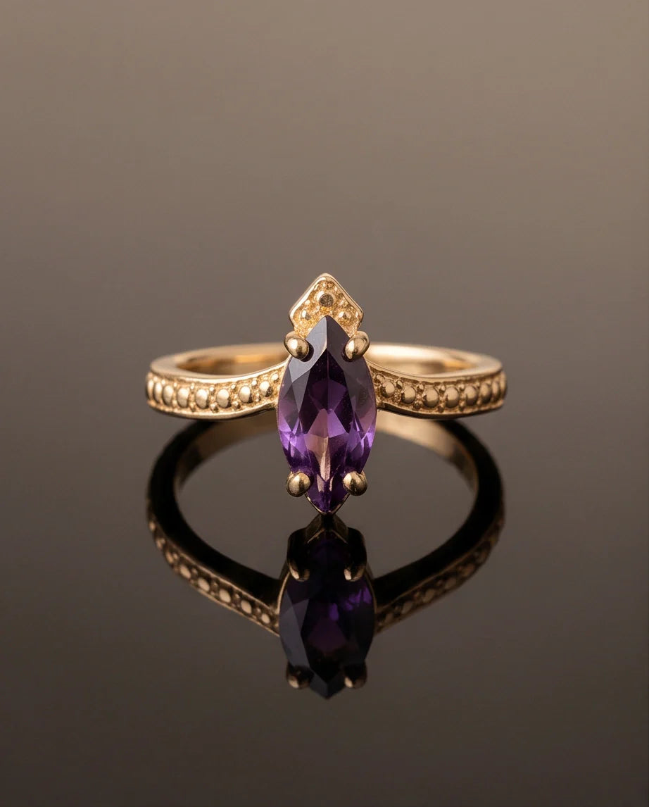 Vintage Gold Marquise Amethyst Filigree Ring