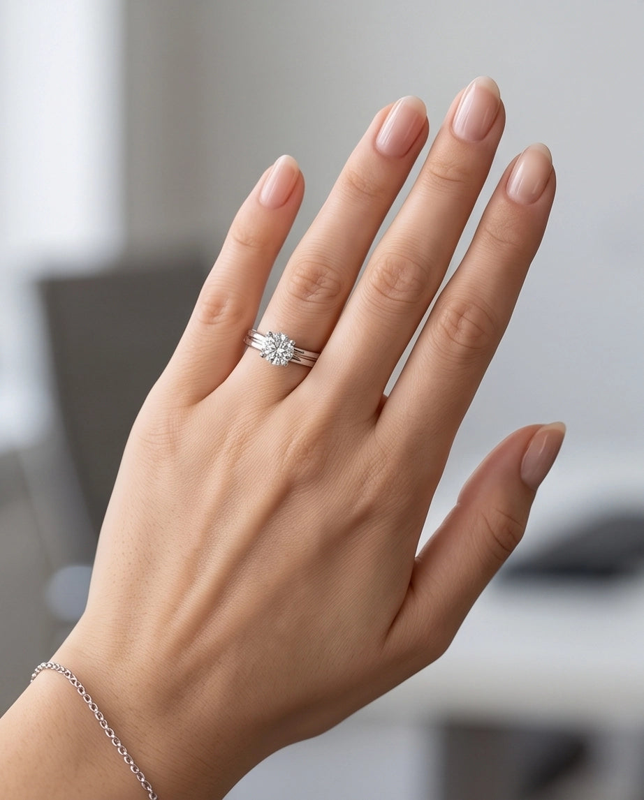Silver Round Gemstone Grooved Solitaire Ring
