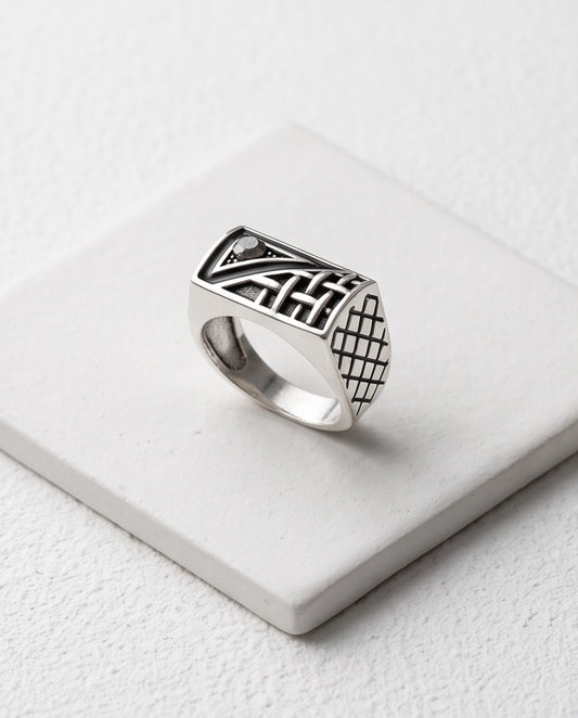 Black Gemstone Geometric Basket-Weave Signet Silver Ring