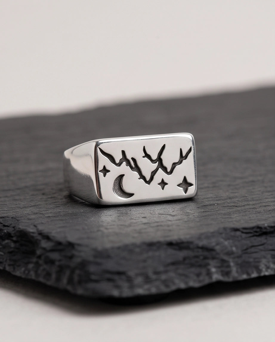 Celestial Mountain & Moon Signet Ring