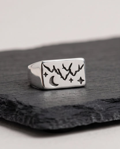 Celestial Mountain & Moon Signet Ring