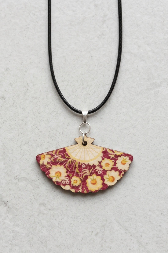 Vintage Burgundy & Gold Floral Hand-Fan Pendant Necklace