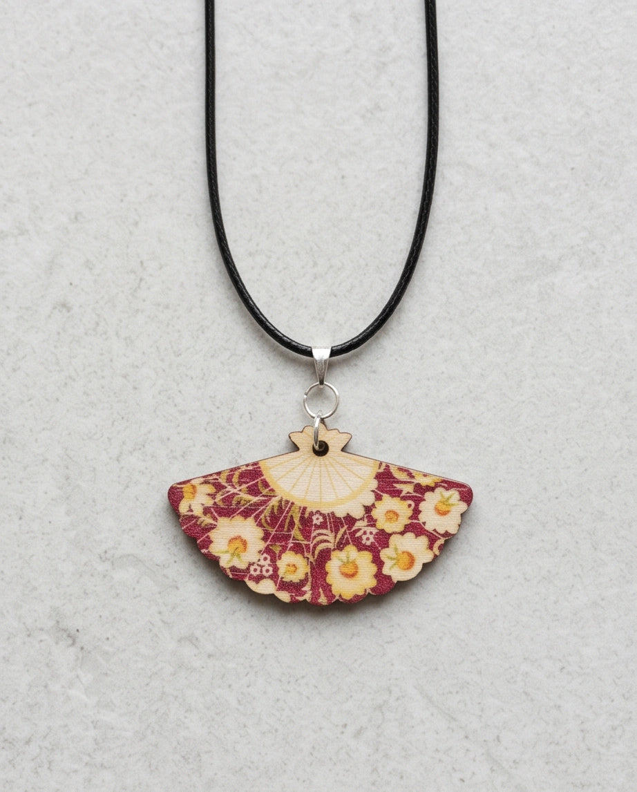 Vintage Burgundy & Gold Floral Hand-Fan Pendant Necklace
