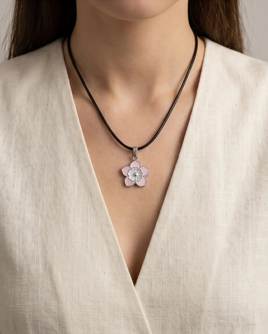 Delicate Pastel Pink and White Layered Floral Enamel Pendant Necklace