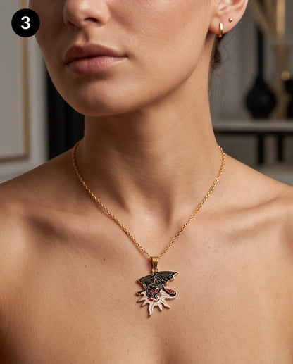 Gold Celestial Sun Dragon Enamel Pendant Necklace