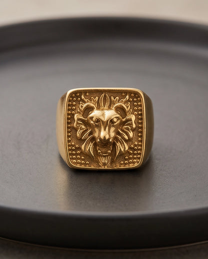 Sovereign Lion Stippled Cushion Signet Ring