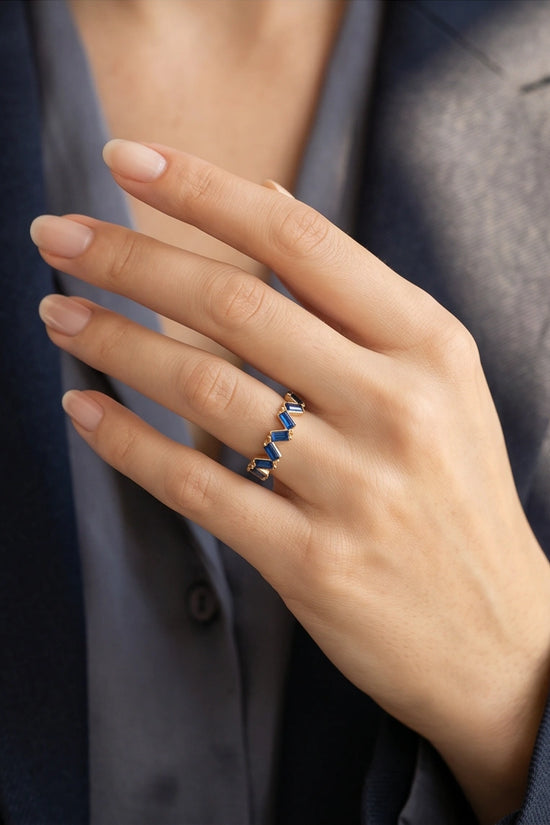 Gold Plated Blue Sapphire Baguette Zigzag Ring