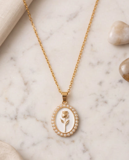 Gold Pearl Frame White Enamel Rose Oval Pendant Necklace