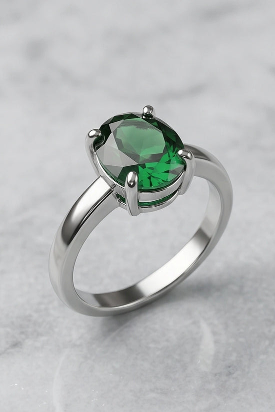 Sterling Silver Oval-Cut Green Emerald Solitaire Ring