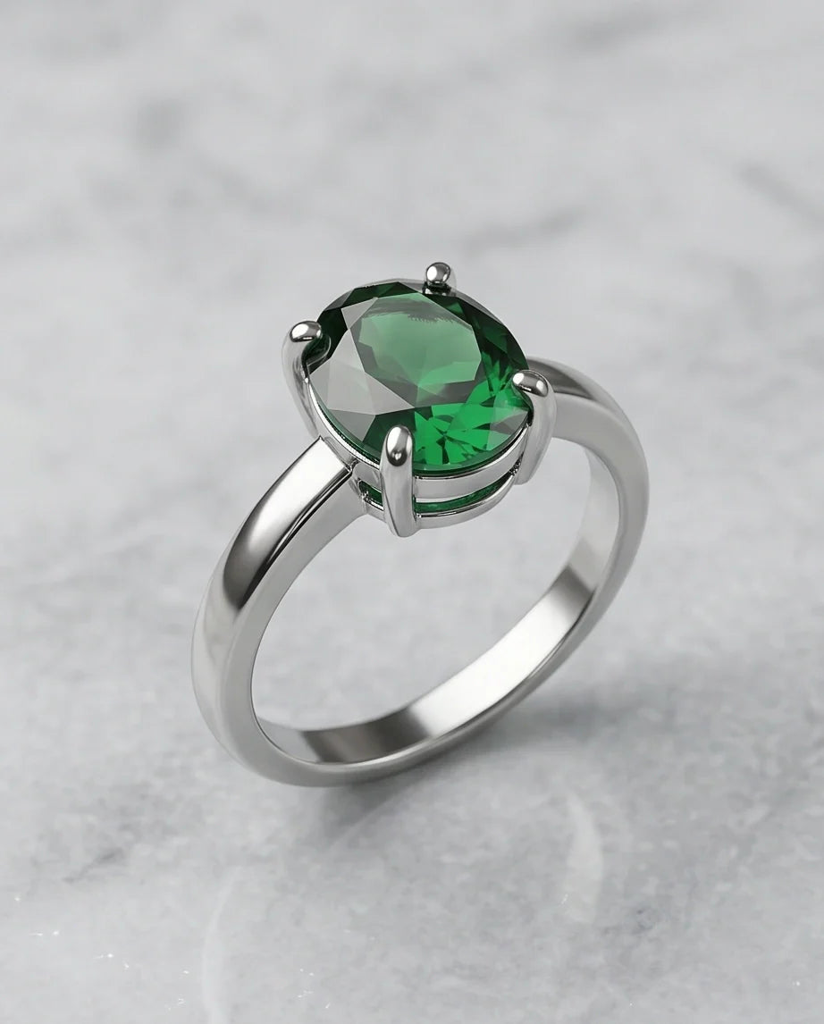 Sterling Silver Oval-Cut Green Emerald Solitaire Ring
