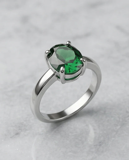 Sterling Silver Oval-Cut Green Emerald Solitaire Ring