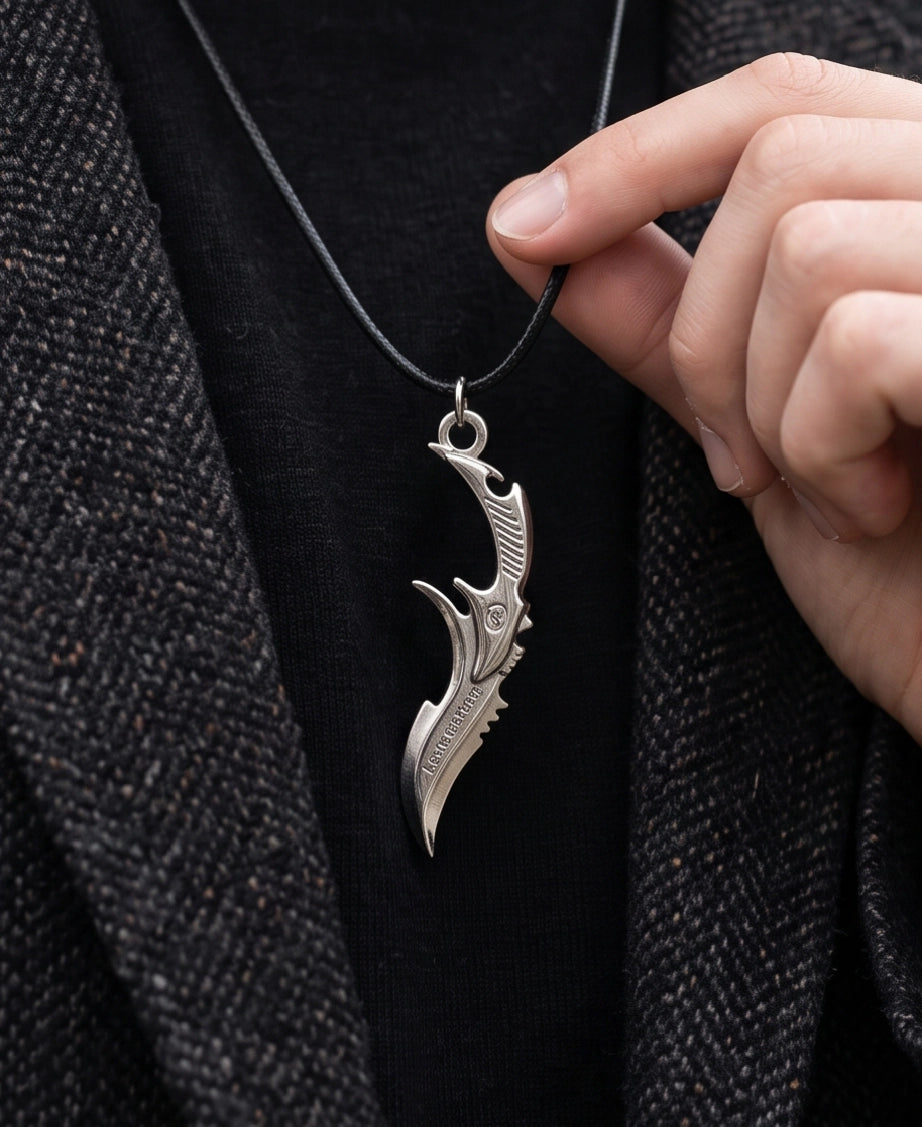 Engraved Silver Curved Dagger Cord Necklace