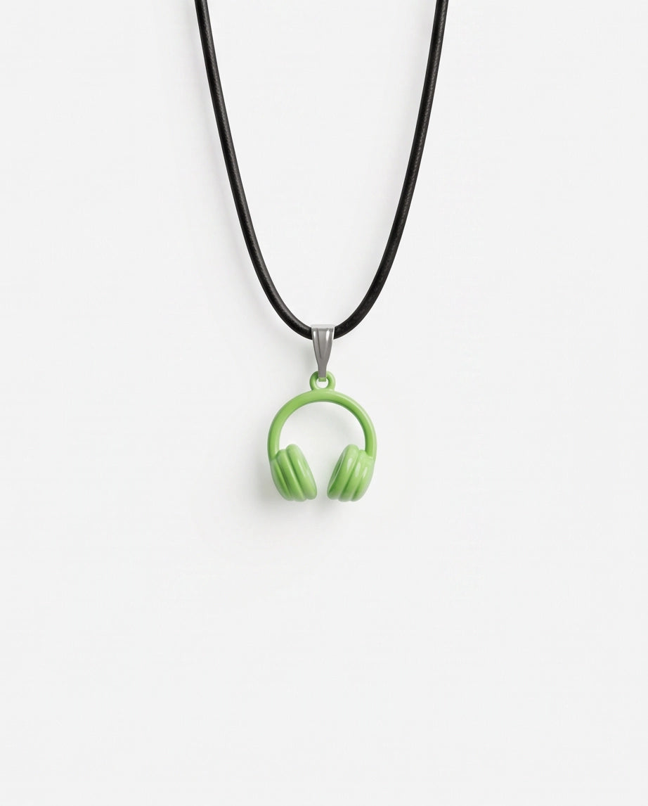 Lime Green Headphones Enamel Pendant Necklace