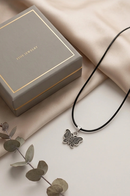 Silver Textured Butterfly Pendant Necklace
