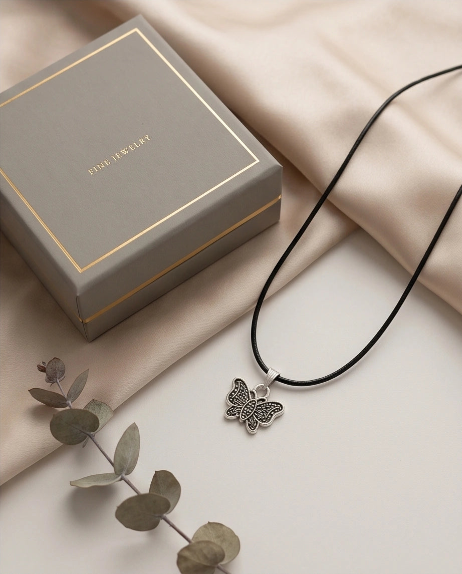 Silver Textured Butterfly Pendant Necklace