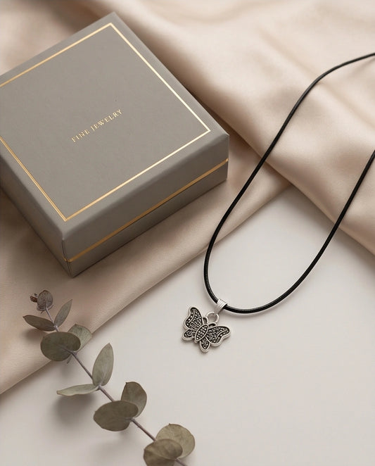 Silver Textured Butterfly Pendant Necklace
