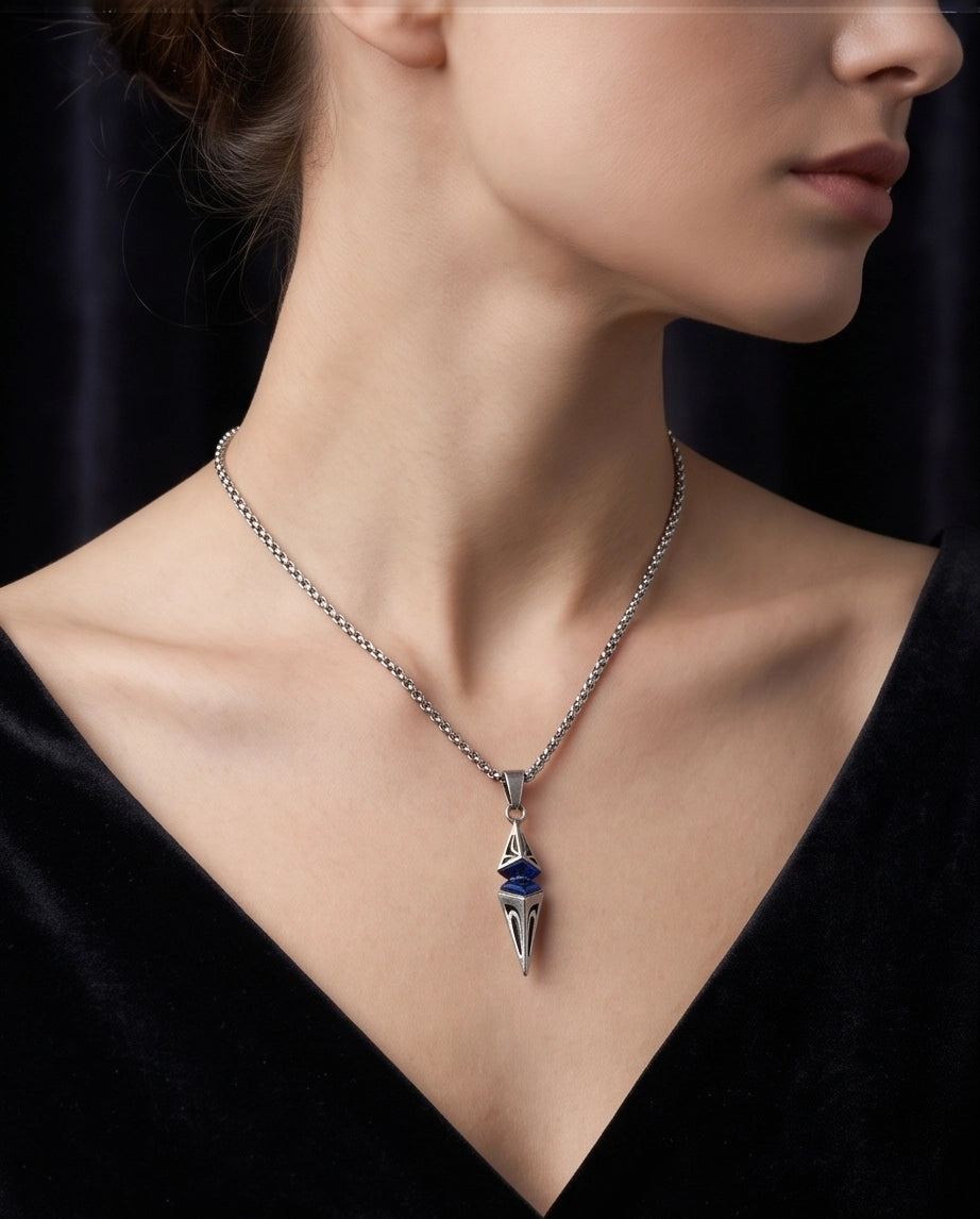 Silver Sapphire Pointed Pendulum Cage Pendant Necklace