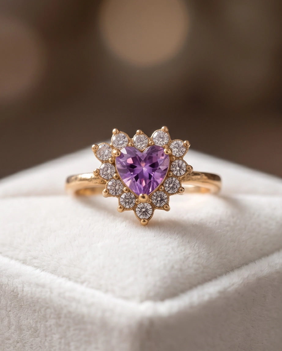 Gold Purple Heart Gemstone Halo Ring