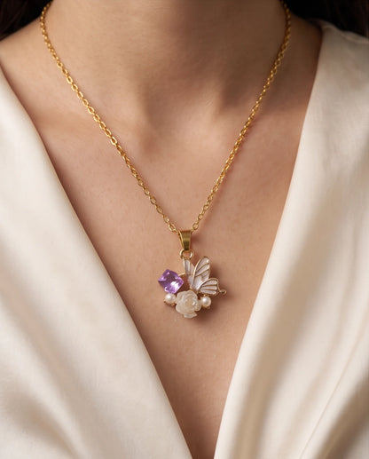 Gold Purple Enamel Butterfly & Pearl Rose Cluster Pendant Necklace