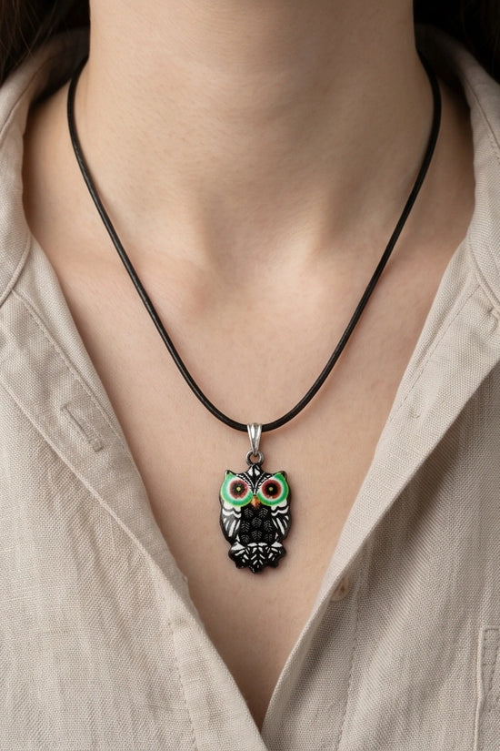 Mystic Green-Eyed Tribal Owl Pendant Necklace