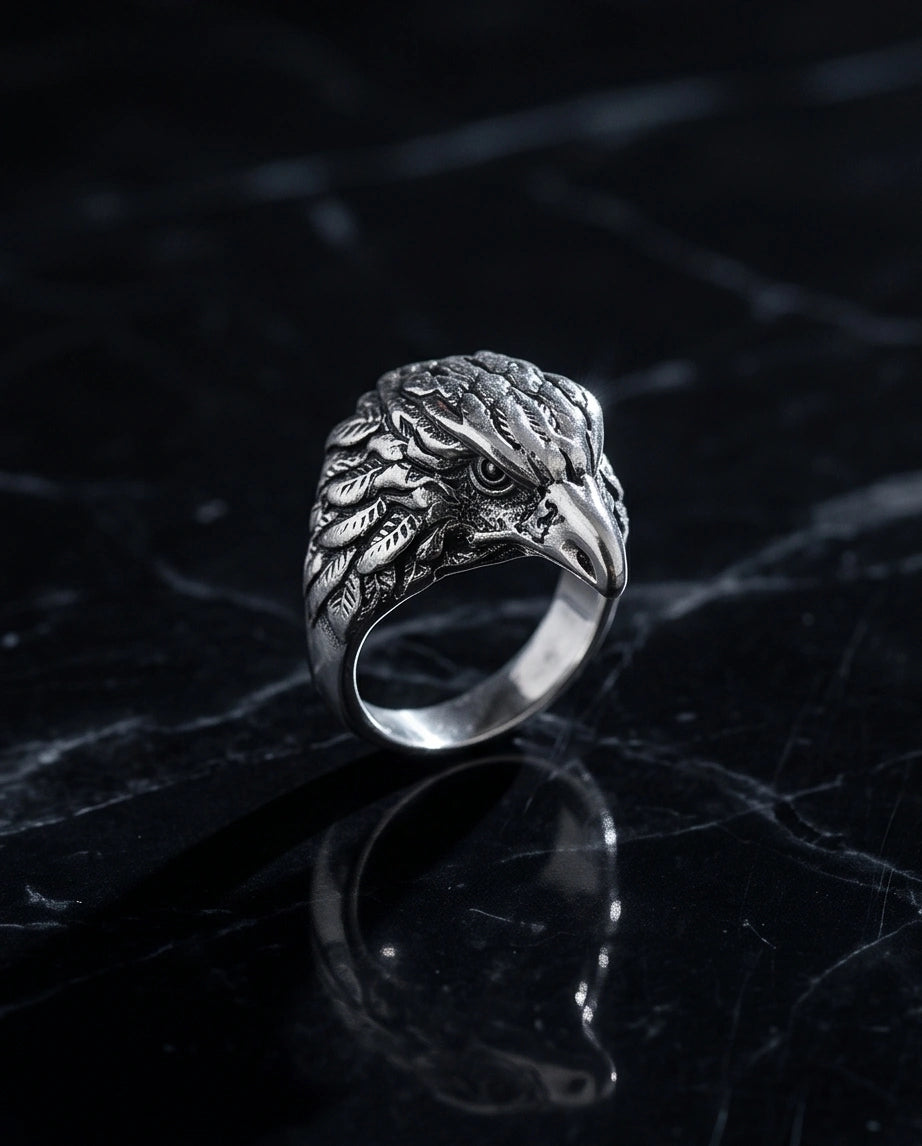 Vintage Silver Oxidized Eagle Head Biker Statement Ring
