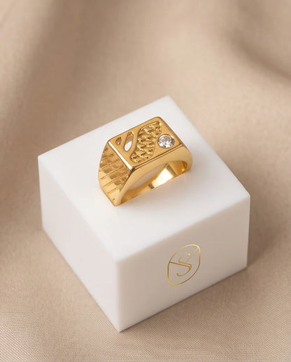 Abstract Textured Multi-Inlay Asymmetrical Signet Gold Ring