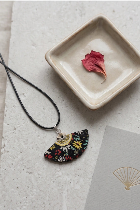 Vintage Black Botanical Hand-Fan Pendant Necklace