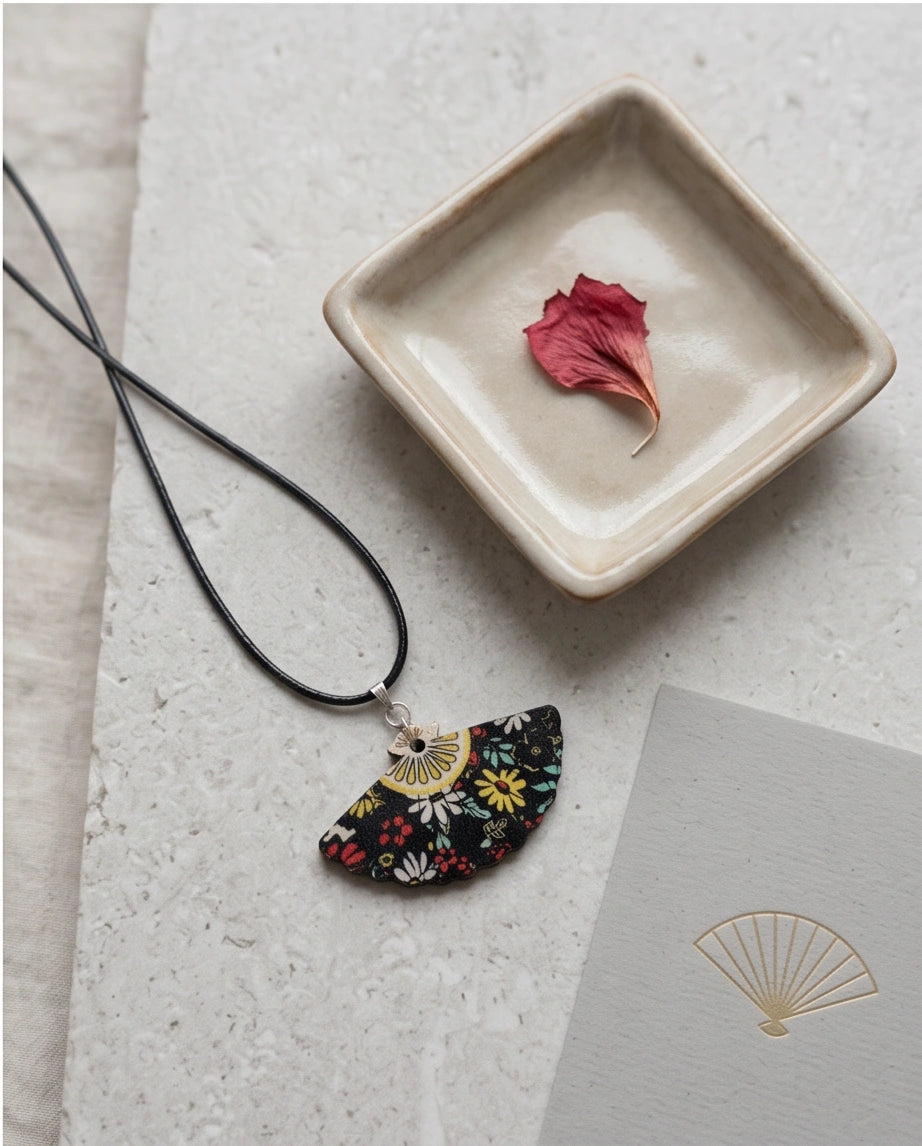 Vintage Black Botanical Hand-Fan Pendant Necklace