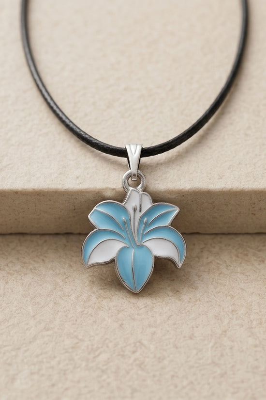 Serene Blue and White Lily Enamel Pendant Necklace