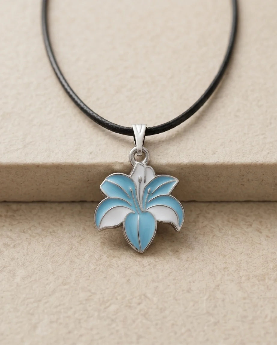 Serene Blue and White Lily Enamel Pendant Necklace